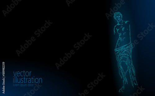 Aphrodite of Milos Venus de Milo ancient Greek statue low poly modern art. Polygonal triangle point line dark blue background museum poster template vector illustration