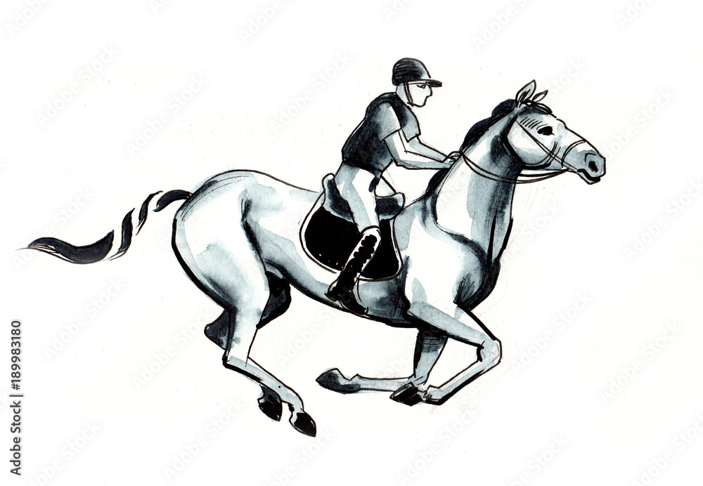 Horse racing. Black and white ink illustration Horse racing. Black and white ink illustration