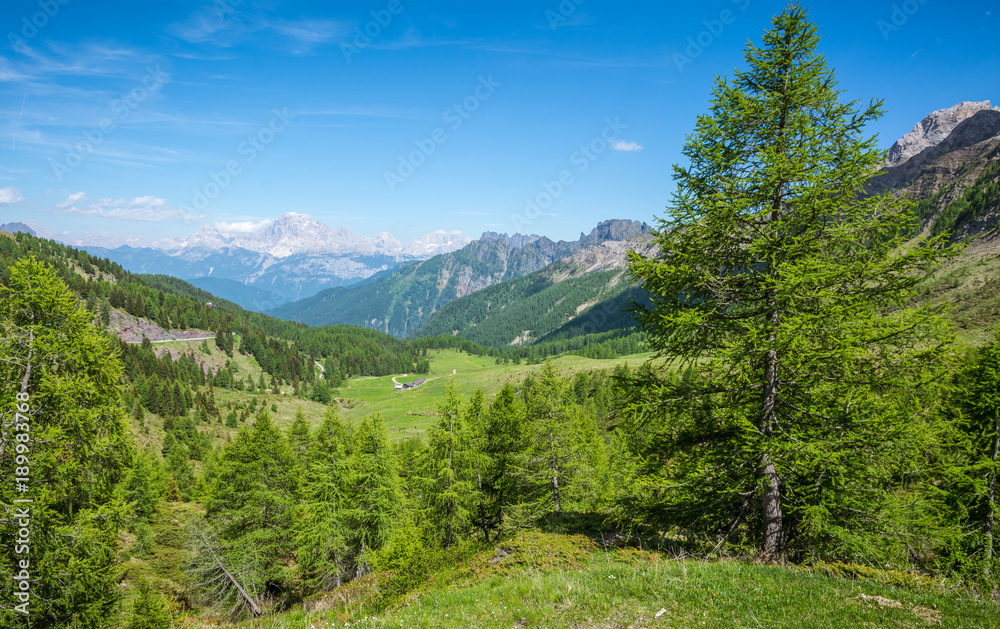 mountain landscape in summer and the dark blue sky with clouds in Trentino Alto Adige. View from Passo Rolle, Italian Dolomites, Trento, Italy.
