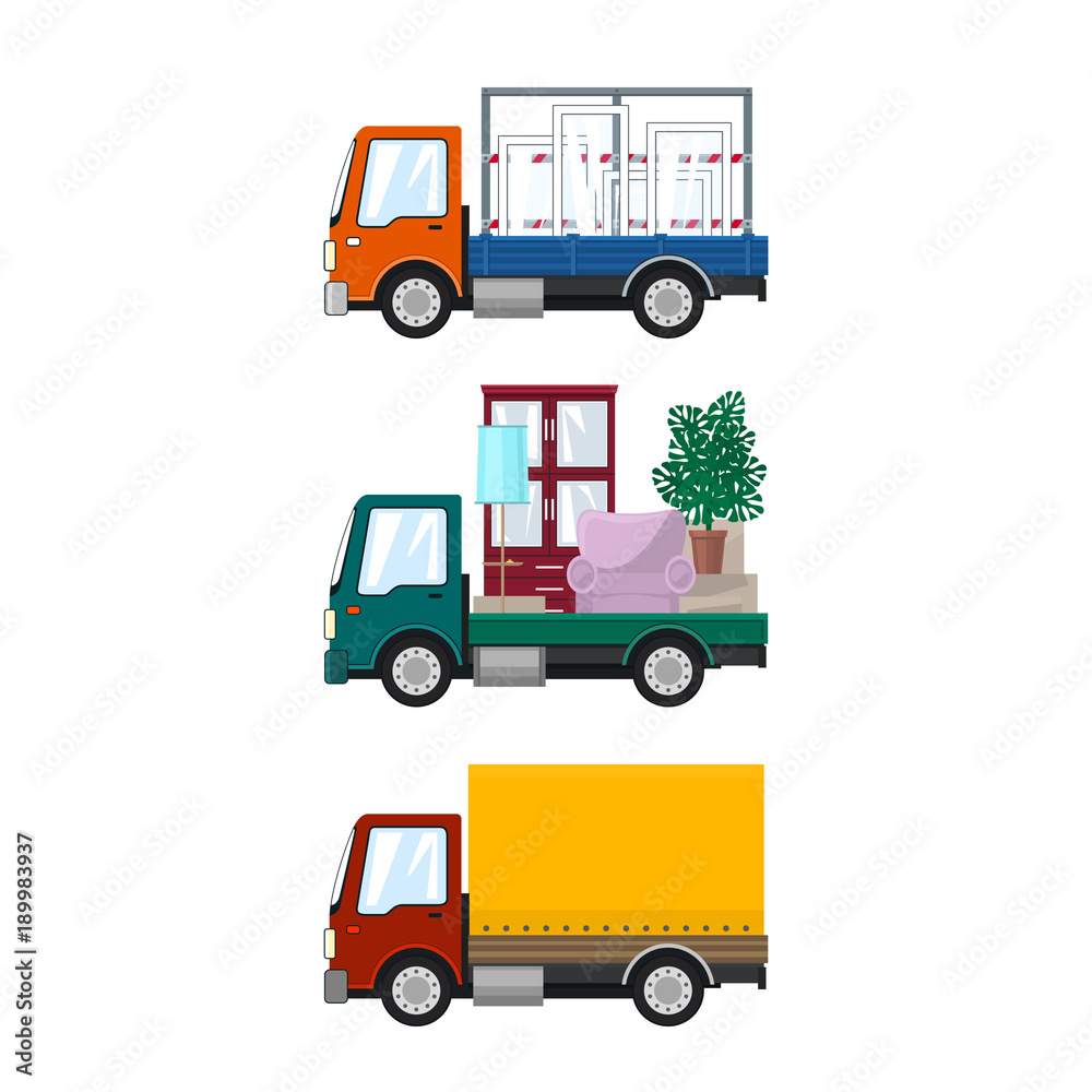Set of Small Cargo Trucks, Car Transports Windows, Green Mini Lorry with Furniture, Closed Truck, Transport and Delivery Services, Logistics, Vector Illustration