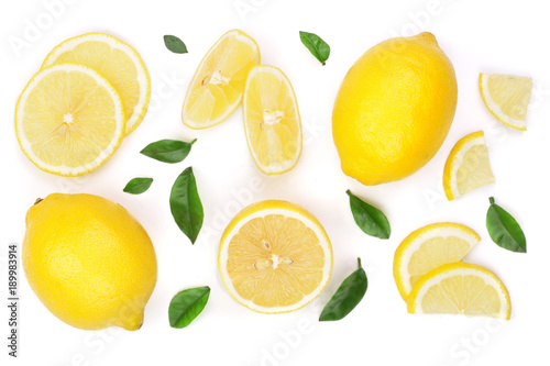 lemon and slices with leaf isolated on white background. Flat lay  top view