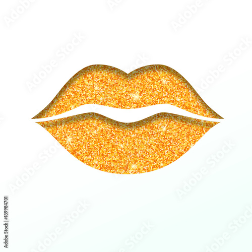 Lips icon with glitter effect, isolated on white background. Yellow outline icon of mouth, vector pictogram. Symbol of kiss from golden particles dust.