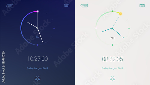 Clock application on light and dark background. Concept of UI design, day and night variants. Digital countdown app, user interface kit, mobile clock interface. UI elements, 3D illustration photo