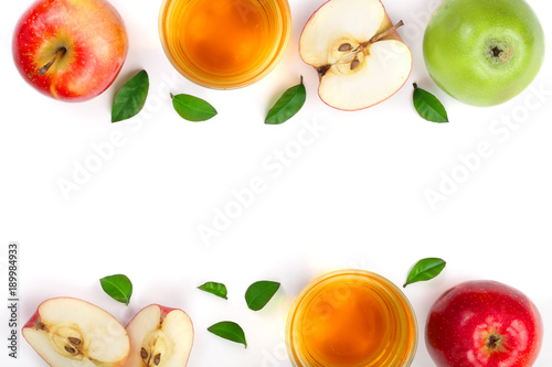 apple with juice and leaves isolated on white background with copy space for your text. top view. Flat lay pattern