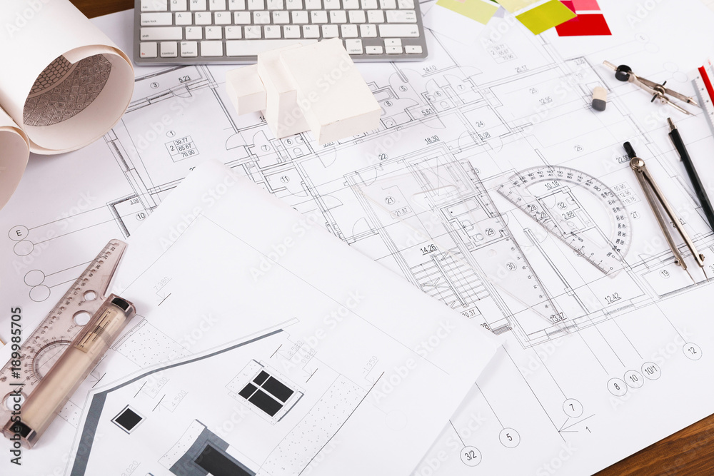 Architectural project, engineering tools on table. Architectural project, engineering tools on table.