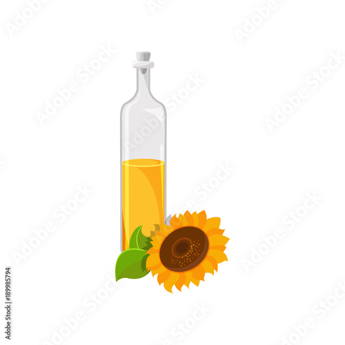 Glass bottle of sunflower vegetable oil, organic healthy oil product cartoon vector Illustration