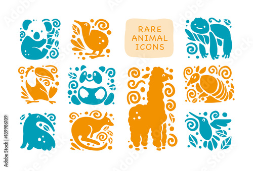 Vector collection of flat cute animal icons isolated on white background. Rare animals and birds symbols. Hand drawn exotic tropic animal emblems. Perfect for logo design, infographic, prints etc.