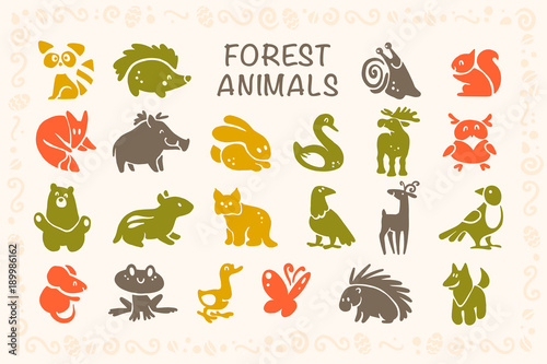 Vector collection of flat cute animal icons isolated on white background. Forest animals and birds symbols. Hand drawn emblems. Perfect for logo design, infographic, prints etc.