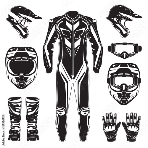 Motorcycle suit and protective gear vector flat icon set