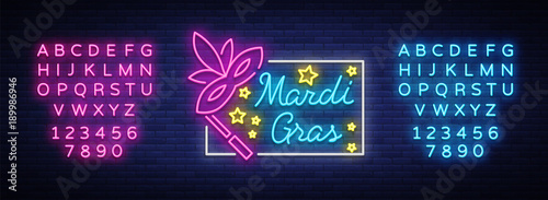 Mardi Gras vector symbol with holiday greetings, festive card. Fat Tuesday, festive illustration in neon style, luminous banner, neon sign. Design a template for a carnival. Editing text neon sign