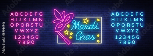 Mardi Gras vector symbol with holiday greetings, festive card. Fat Tuesday, festive illustration in neon style, luminous banner, neon sign. Design a template for a carnival. Editing text neon sign photo