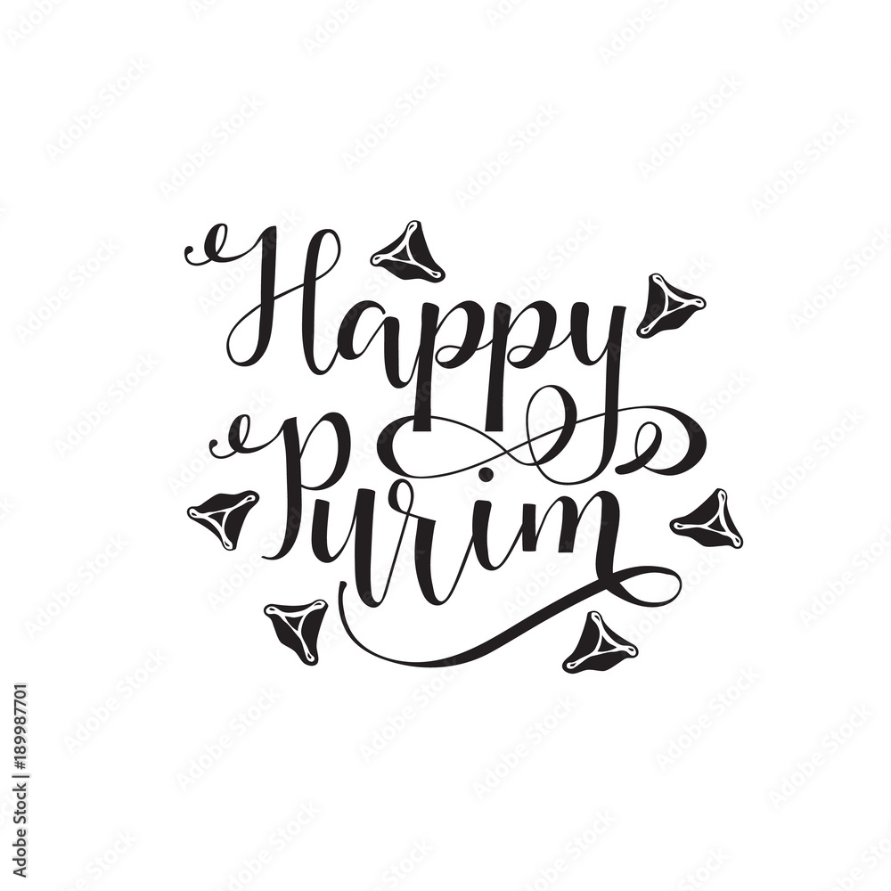 Fototapeta Odręczny napis z tekstem Ilustracja szczęśliwy Purim.Vector żydowskiego święta Purim z tradycyjnymi ciastkami hamantaschen