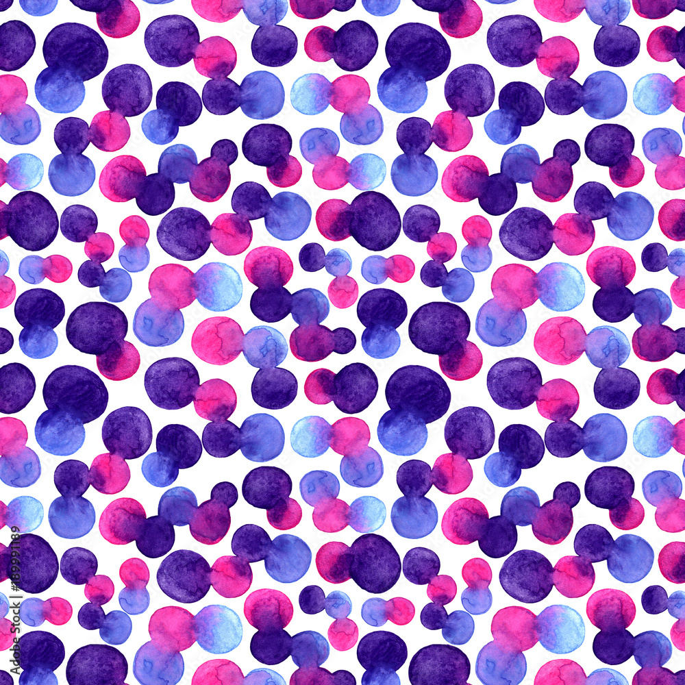 Watercolor bright spot blob seamless pattern. Violet, blue and