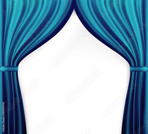 Naturalistic image of Curtain, open curtains Blue color. Vector Illustration.