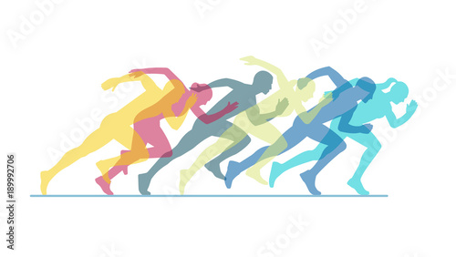 Group of running people on a white background.