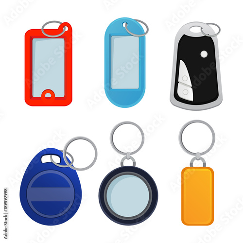 Illustrations of different keychains. Pictures in cartoon style