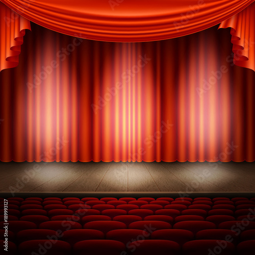 Spotlight on stage and red curtain. EPS 10 vector