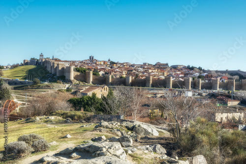 Historic city of Avila with it's famous medieval town walls surround, Spain
