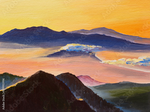 Oil painting, sunset in the mountains, artwork on canvas