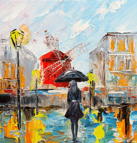 oil painting, woman with an umbrella near the Moulin Rouge, a walk in Paris, artwork on canvas