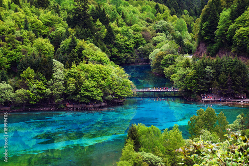 view of colorful lake in jiuzhaigou national park, Sichuan, china photo