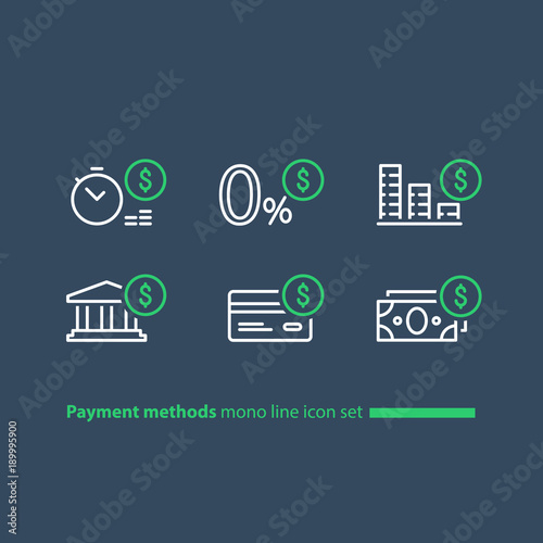 Buy in credit concept, payment installment plan, zero fee offer, line icons