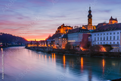 astle Burghausen and its historic town centre on the Salzach River, Burghausen, Upper Bavaria, Bavaria, Germany, Europe in the night photo