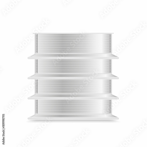 Store shelves mockup isolated on white background. Realistic supermarket metal shelves. Empty showcase