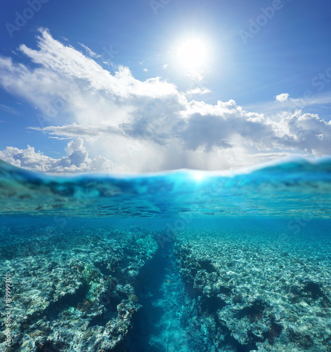 Over and under water surface seascape  sunlight with cloudy blue sky and split by waterline a natural trench in the reef underwater  Pacific ocean  French Polynesia
