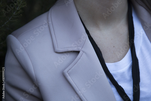 Woman wearing pink blazer
