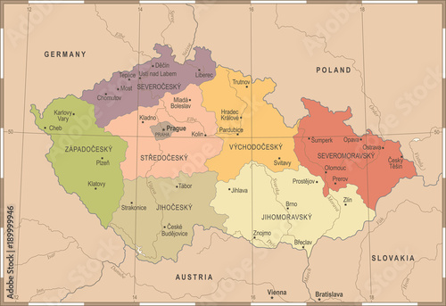 Fototapet Czech Republic Map - Vintage Detailed Vector Illustration