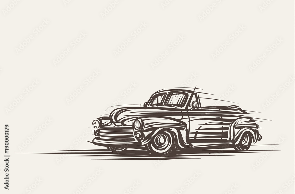 Fotografie Retro convertible car hand drawn. Vector, eps10.