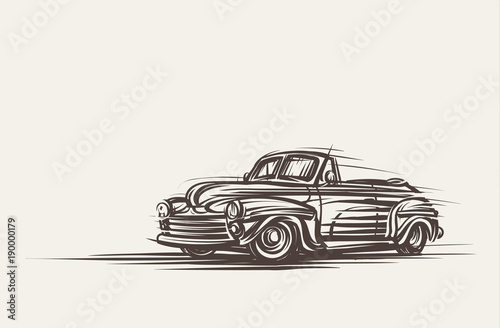 Retro convertible car hand drawn. Vector, eps10. 