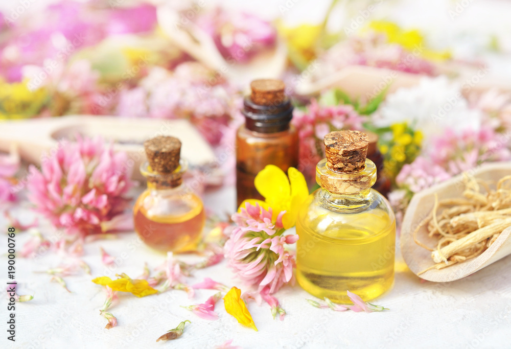 Essential oils on medicinal flowers and herbs background: chamomile, clover, calendula, yarrow, selective focus, toned Essential oils on medicinal flowers and herbs background: chamomile, clover, calendula, yarrow, selective focus, toned