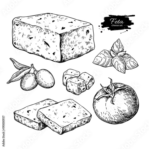 Greek feta cheese block, slice drawing. Vector hand drawn food s