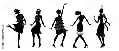 Charleston Party. Gatsby style set. Group of retro woman dancing black isolated silhouette charleston.Vintage style. retro dancer.1920 party vector background.Swing dance girl.