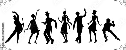 Charleston Party. Gatsby style set. Group of retro woman and man black silhouette dancing charleston. Vintage style.retro silhouette dancer.1920 party vector background.Swing dance girl.