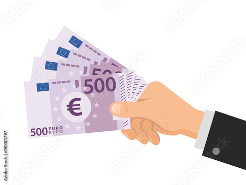 Hand holds money Euro 500 banknotes. Business concept. Isolated on white background. Flat Style. Vector illustration.