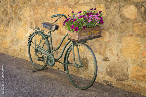 Fototapeta stylowy rower z pudełkiem z kwiatami w pobliżu starej ściany w Toskanii we Włoszech