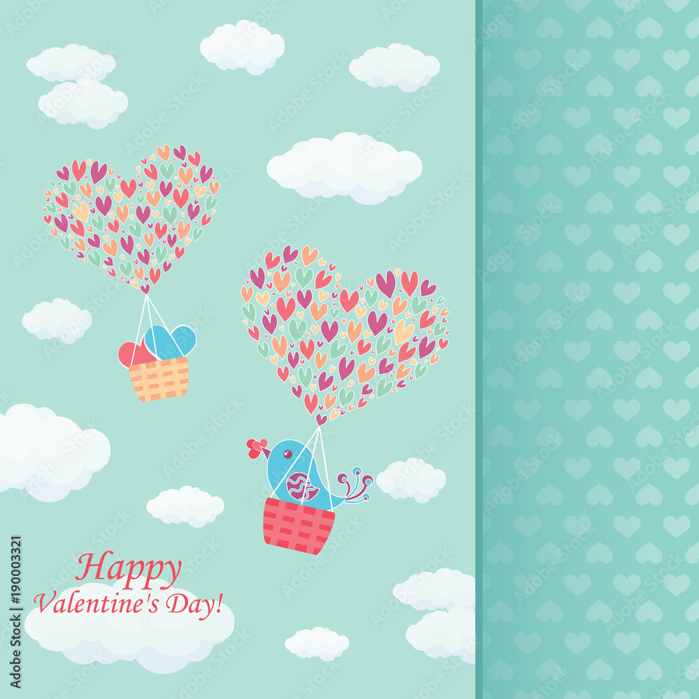 Positive hand drawn vector text Love is in the air decorated hot air balloon fly with clouds, sky and hearts. Wedding banner or St. Valentine's Day card.