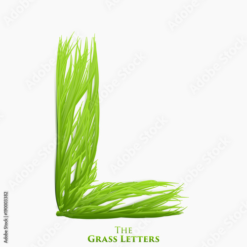 Vector letter L of juicy grass alphabet. Green L symbol consisting of growing grass. Realistic alphabet of organic plants. Spring and ecology typeset illustration.