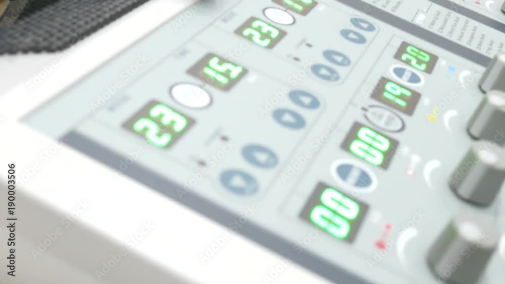 LED readout screens and knobs on thermotherapy and diathermy machine, closeup LED readout screens and knobs on thermotherapy and diathermy machine, closeup