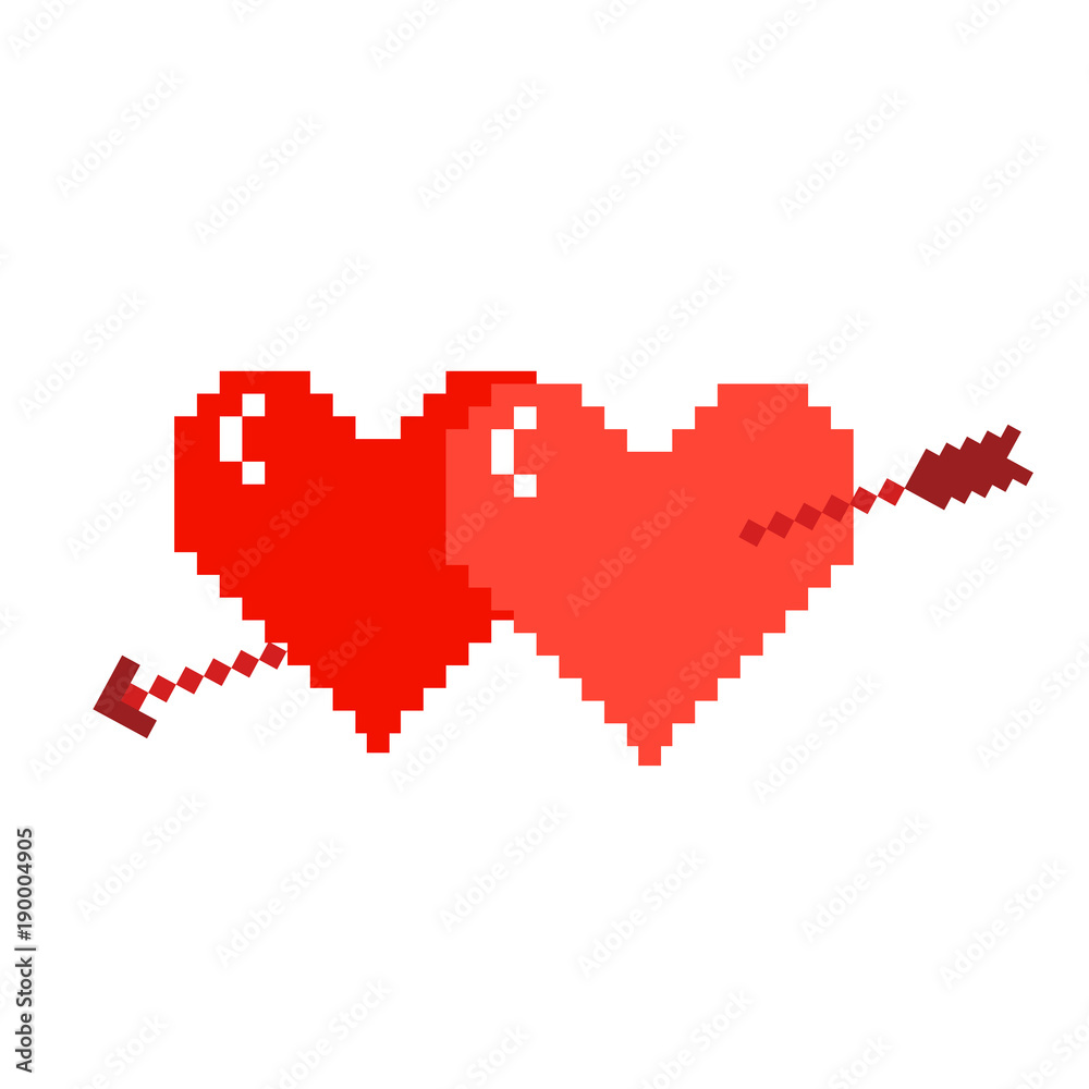 Two pixel hearts with an arrow on a white background. Vector illustration . Two pixel hearts with an arrow on a white background. Vector illustration .