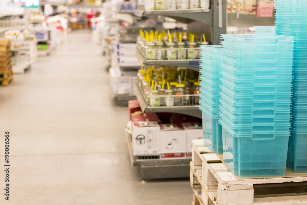 A hardware store. Boxes, jars, tubes, boxes, pallets