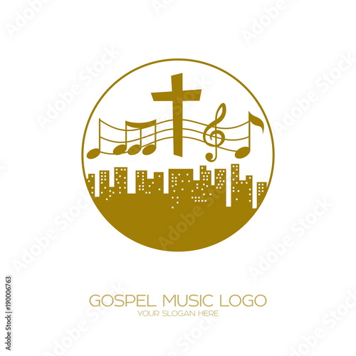 Music logo. Christian symbols. People of all nations and nationalities sing a song of worship to God.