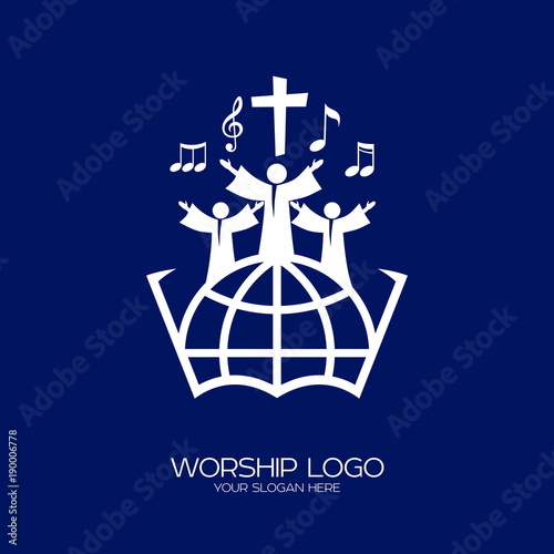 Music logo. Christian symbols. People of all nations and nationalities sing a song of worship to God.