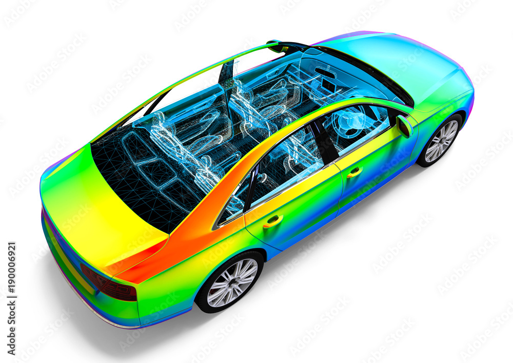 Car interior development process / 3D render image of an car in wire