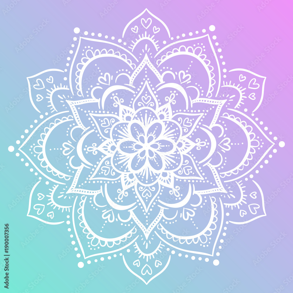 Colorful purple and blue background flower mandala. Vintage decorative gradient element. Ornamental round doodle flower. Geometric circle element. Vector illustration.