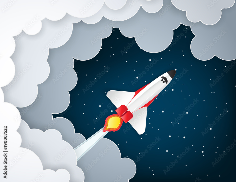 Paper art of space shuttle launch to the sky. Night sky, shining stars, fluffy clouds. Rocket launch. Start up business concept and exploration idea