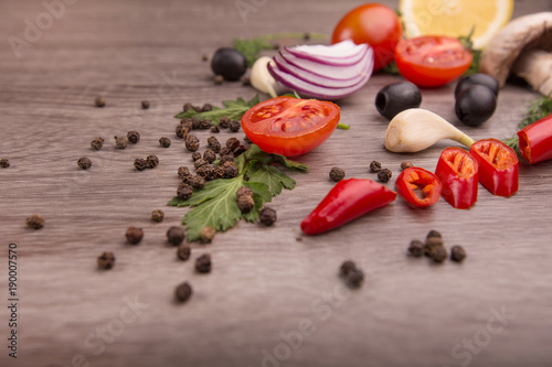 Healthy food background / studio photo of different fruits and vegetables on wooden table. Copy space. High resolution product 